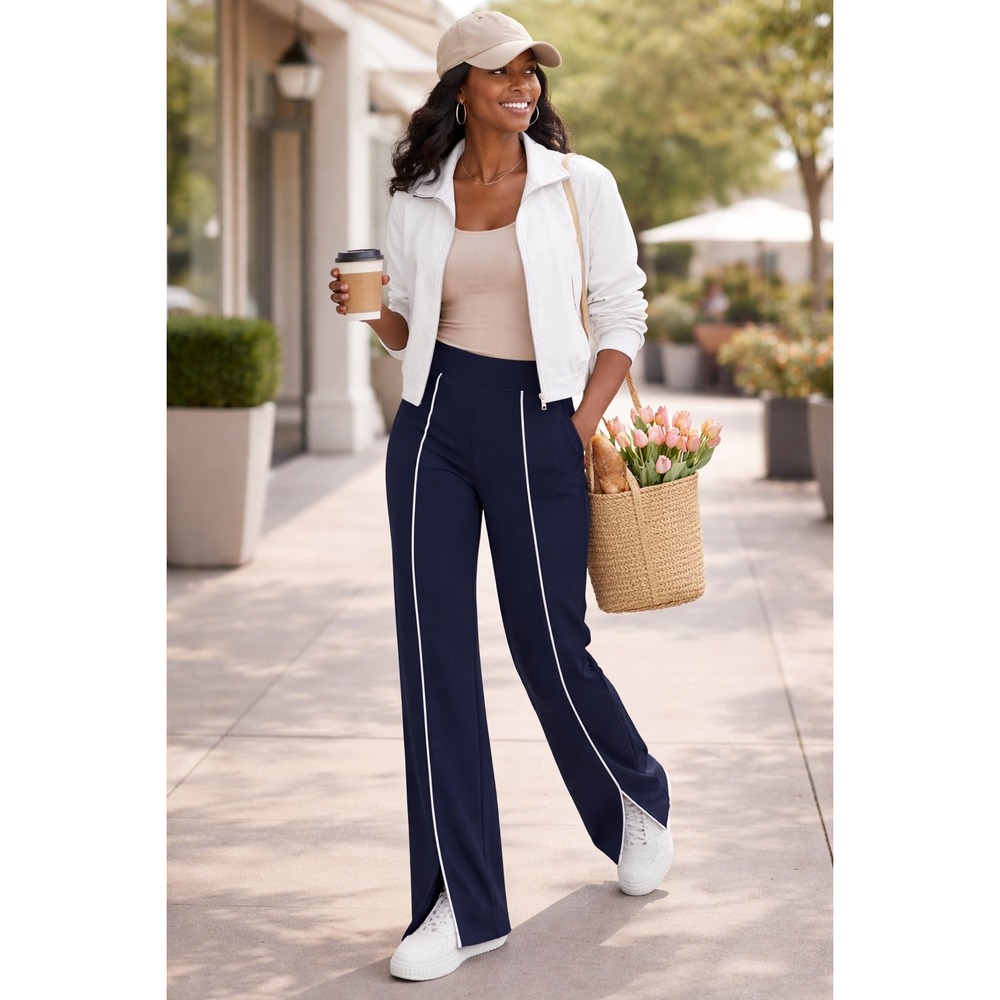 Spanx AirEssentials Side Stripe Wide Leg Pant Navy White Size M Womens J2